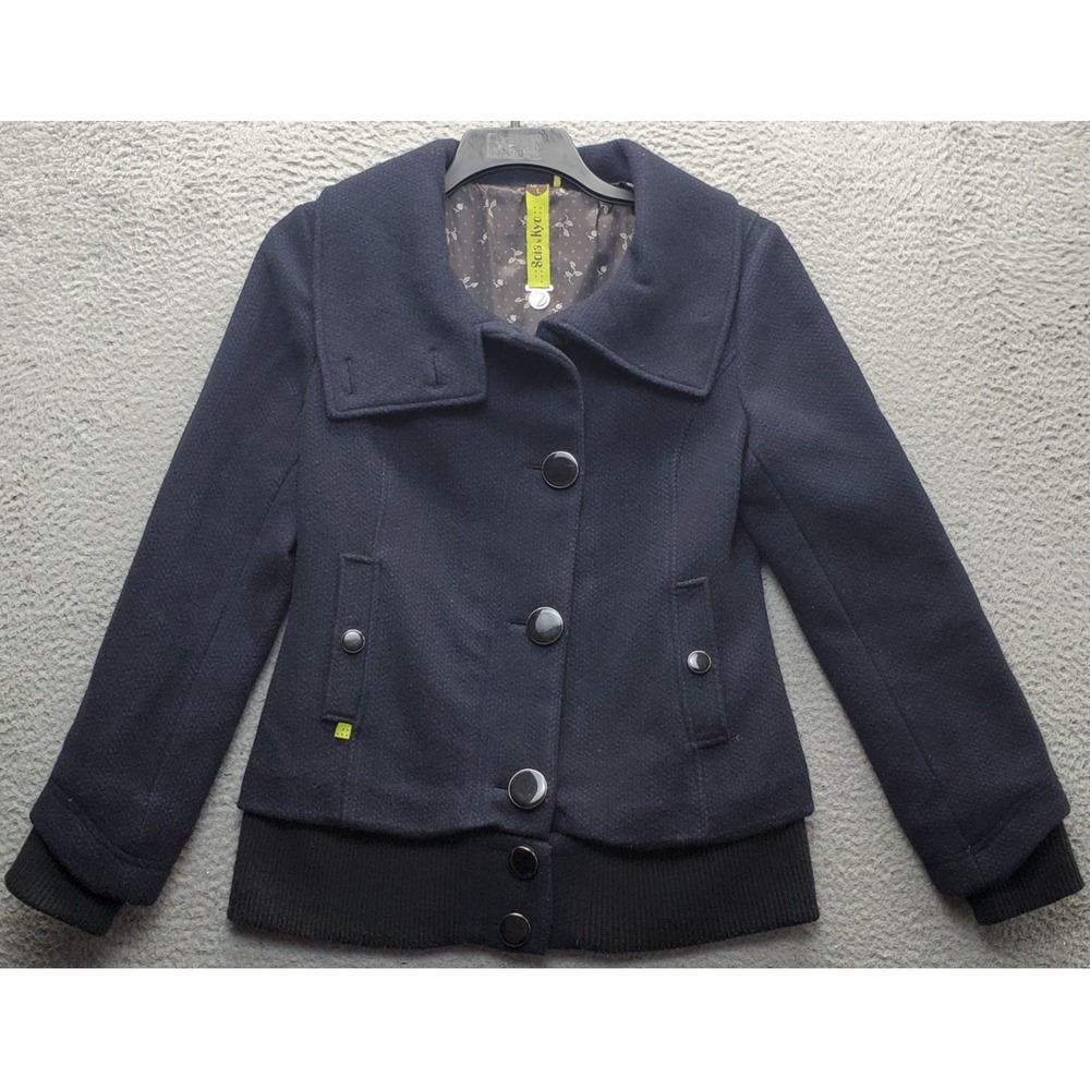 Soia & Kyo Bomber Jacket Womens Large Navy Wool Blend Lined Stretch Button Front